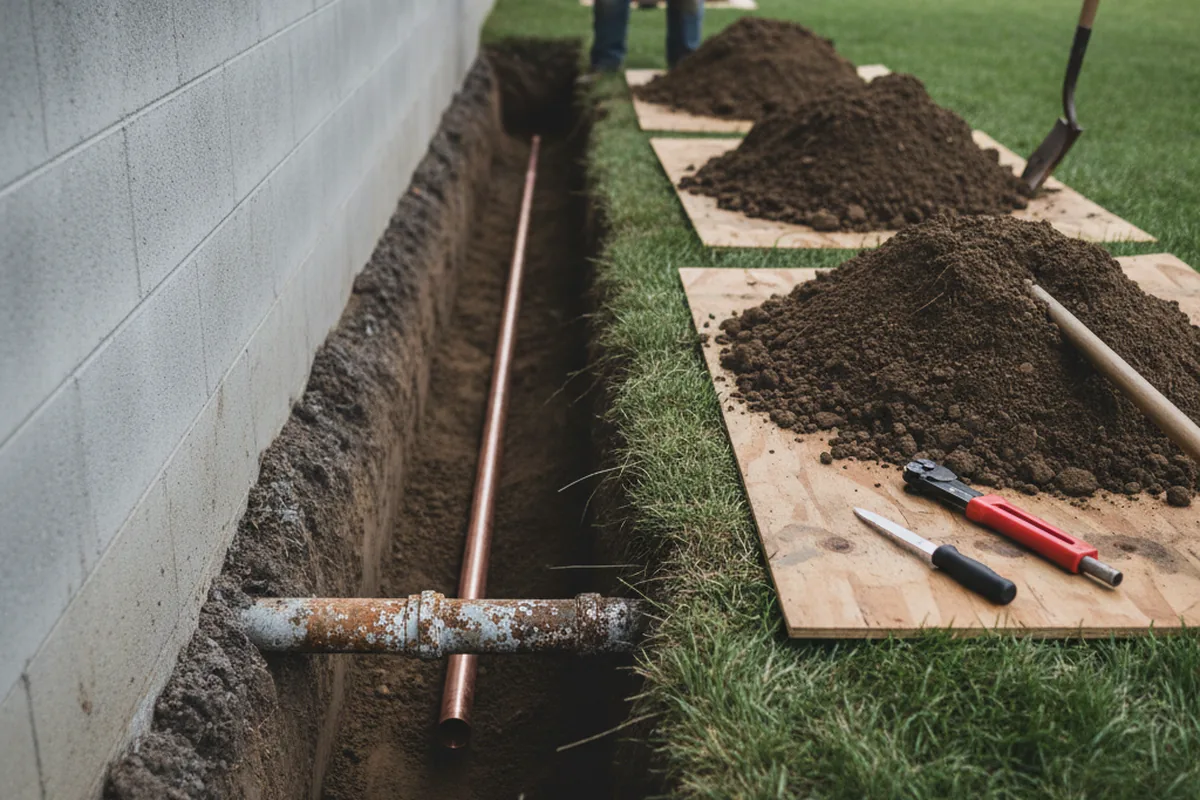 Excavated water line trench during Sewer Line Repair in Geneva